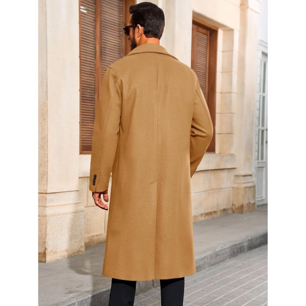 Men's Khaki Long Trench Coat Single Breasted Casual Winter Warm Pea Coat - Picture 3 of 5